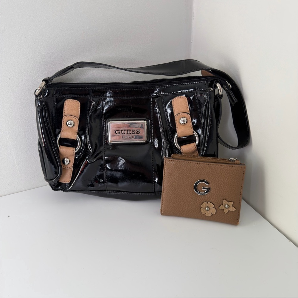 GUESS Glossy Black Shoulder Bag & Floral G-Logo Wallet Bundle